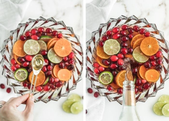 two side by side images of almond extract and ginger ale being added to a punch bowl with cranberries and sliced citrus in it.
