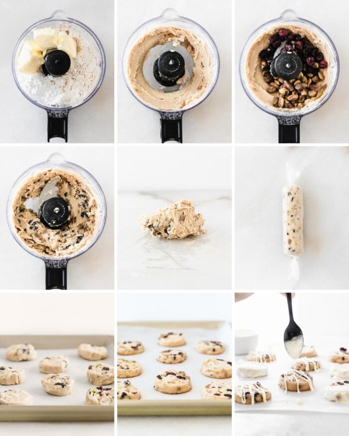 collage of images showing how to make cranberry pistachio shortbread cookies with a food processor.