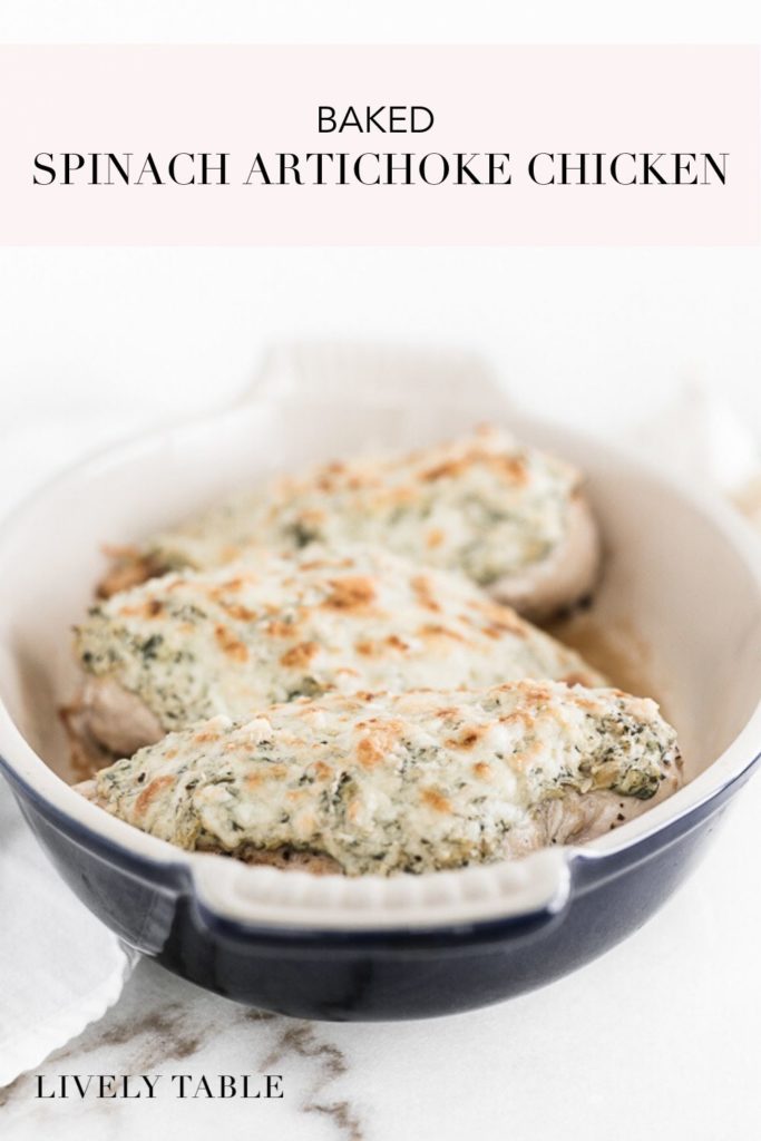 pinterest image for baked spinach artichoke chicken