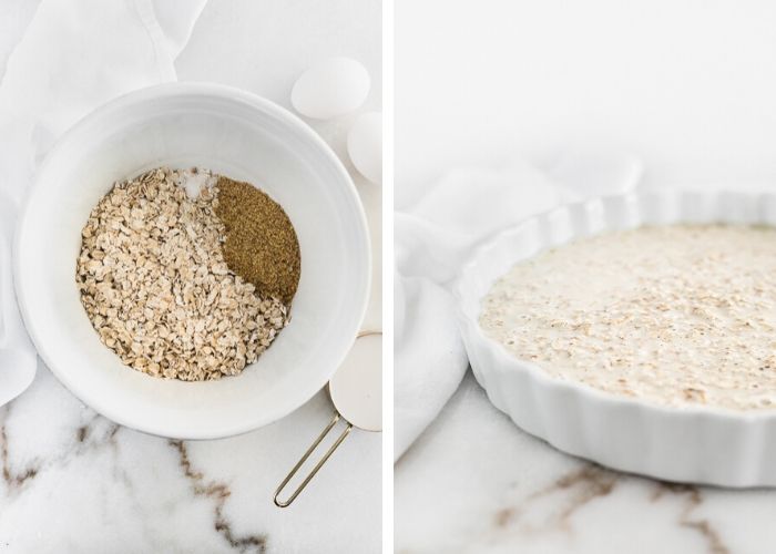side by side images of oatmeal ingredients in a bowl and unbaked oatmeal mixture in a white baking dish.