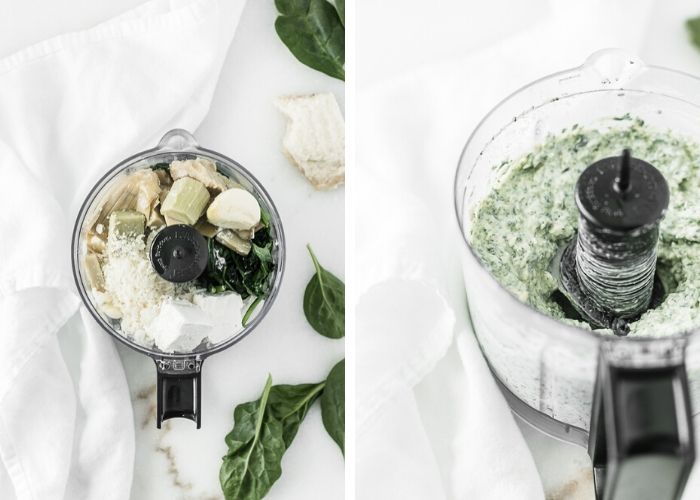 two side by side images of a food processor bowl with ingredients for spinach artichoke dip, then blended spinach artichoke dip.