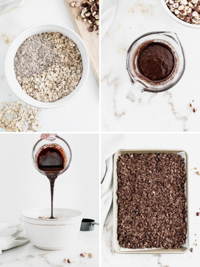 four image collage showing steps for making chocolate hazelnut granola.