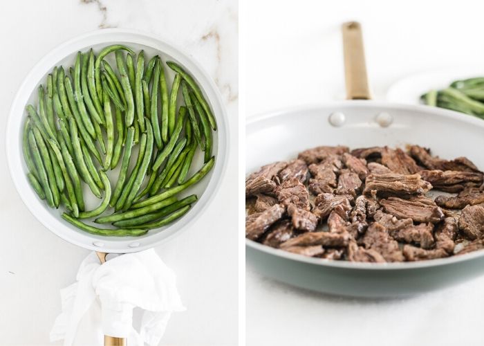 side by side images of skillets, one with blanched green beans, the other with seared steak pieces.
