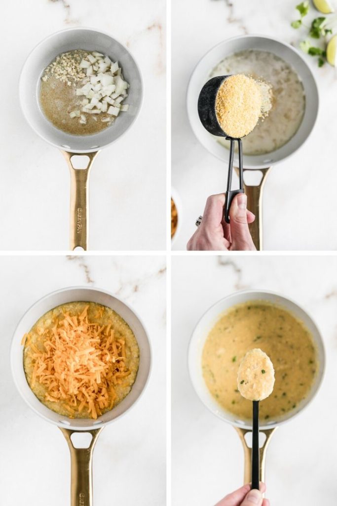 collage of four images showing steps of how to make cheddar grits.
