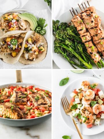 4 image collage of healthy seafood recipes.