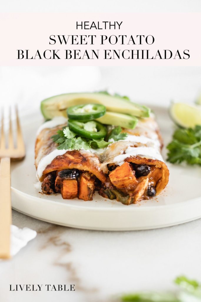 pinterest image for sweet potato black bean enchiladas.