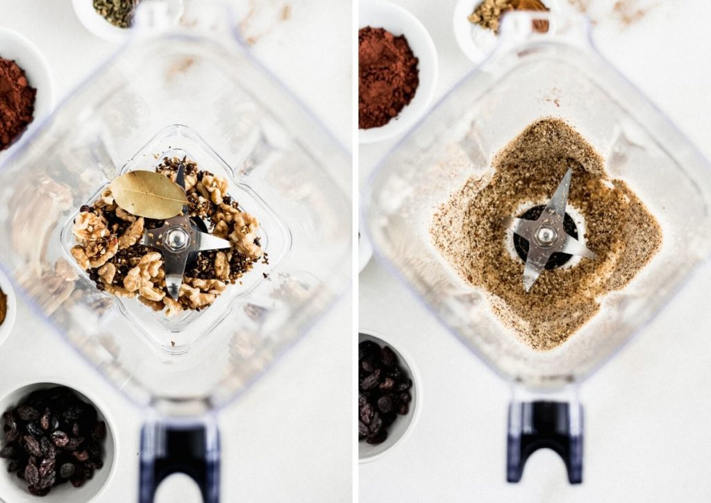 two images of spices in a blender, and spices ground in the blender.