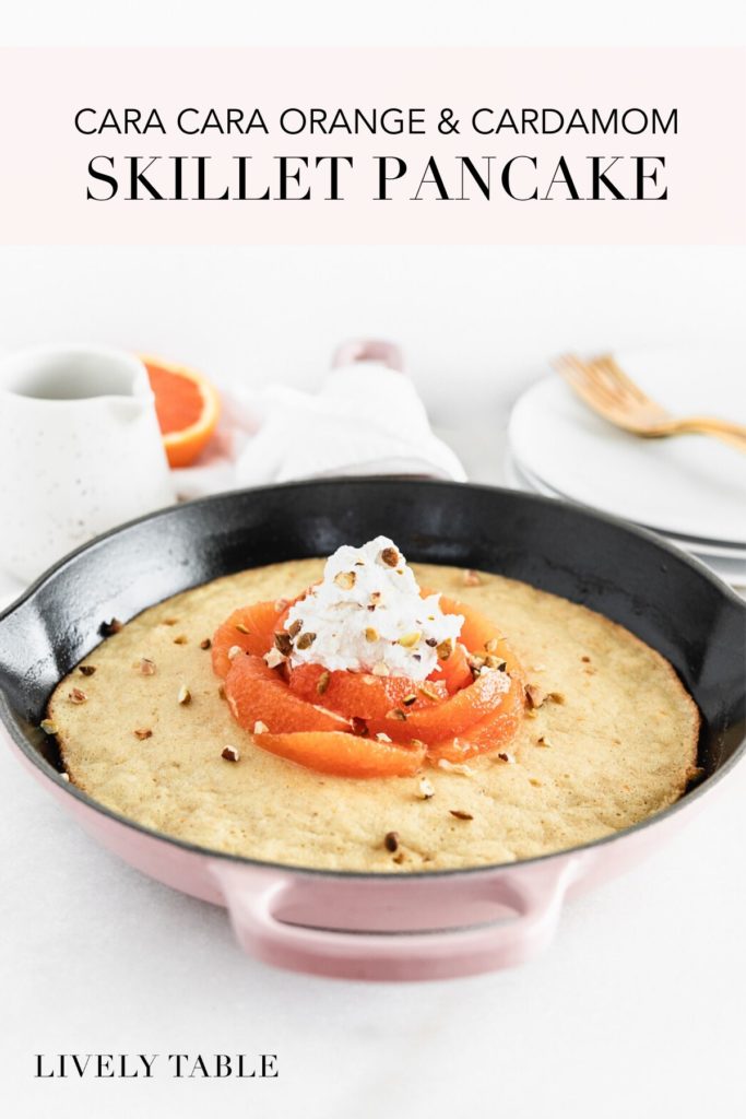 pinterest image for cara cara orange cardamom skillet pancake