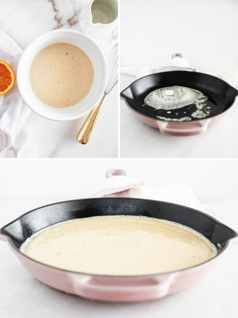 collage of 3 images showing steps to make a baked skillet pancake.