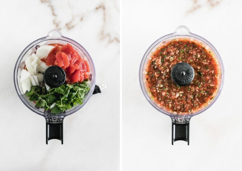 side by side images of salsa ingredients in a food processor and salsa in a food processor.