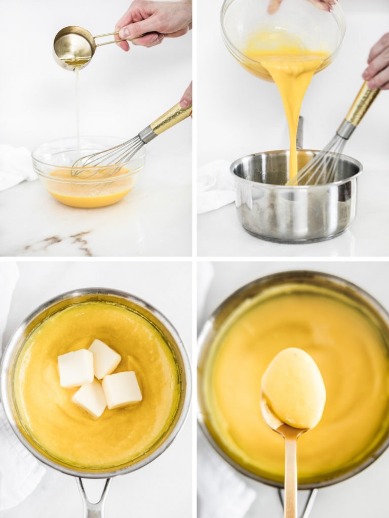 four photo collage showing steps for making lemon curd.