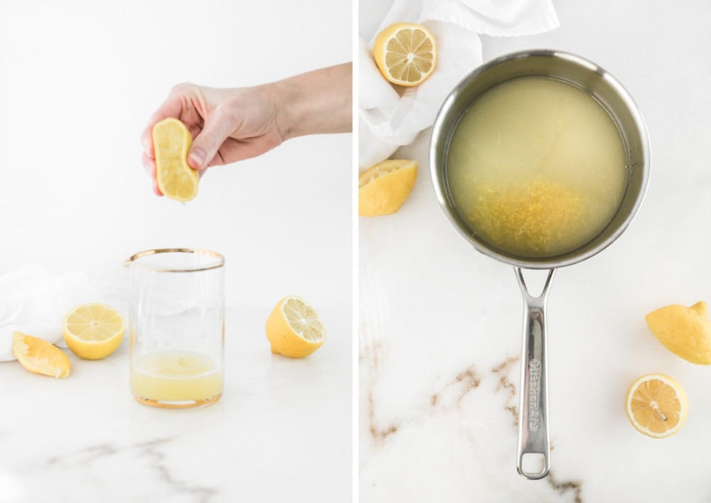 two side by side images of a hand squeezing a lemon into a glass and lemon juice in a saucepan.
