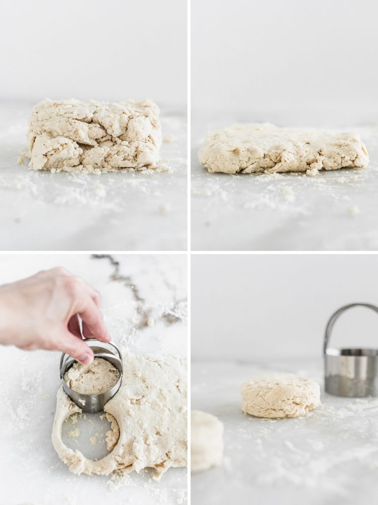 collage image showing how to make sourdough biscuits.