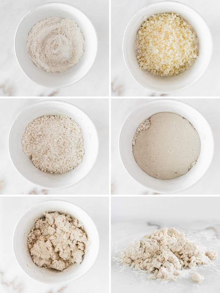 collage image with steps showing how to make sourdough biscuit dough.