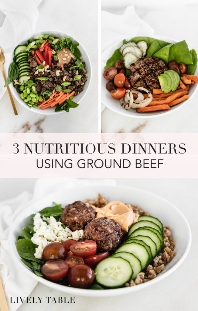 collage image with text showing three different dinners using ground beef.