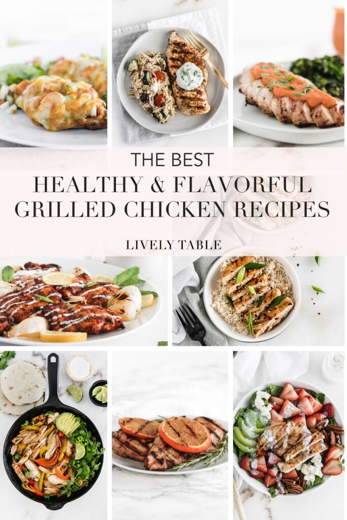 pinterest collage image with text of 8 healthy grilled chicken recipes.