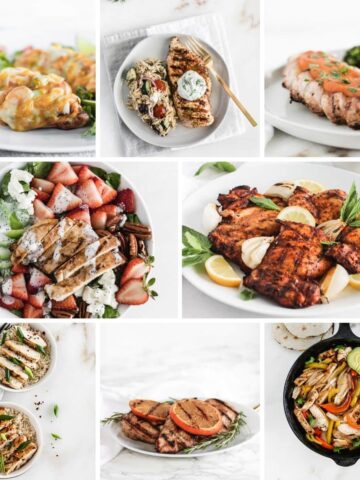 collage image of healthy grilled chicken dinners.