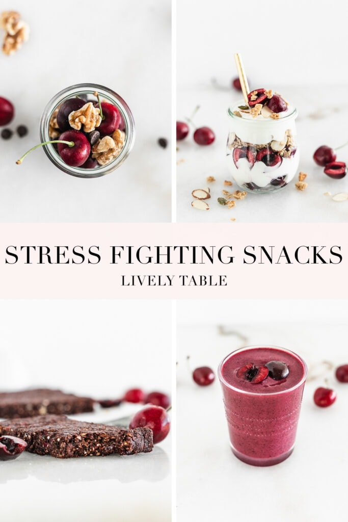 pinterest collage image with text for stress fighting snacks.