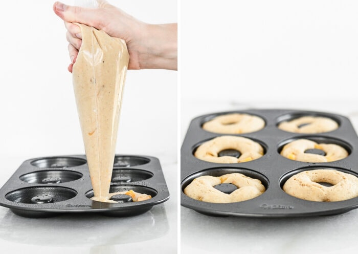 two images showing a hand piping batter into a donut pan and the finished baked peach donuts in the pan.