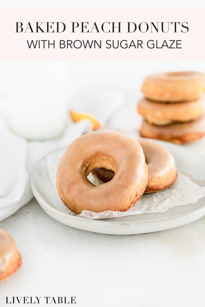 pinterest image with text for homemade baked peach donuts with brown sugar glaze.