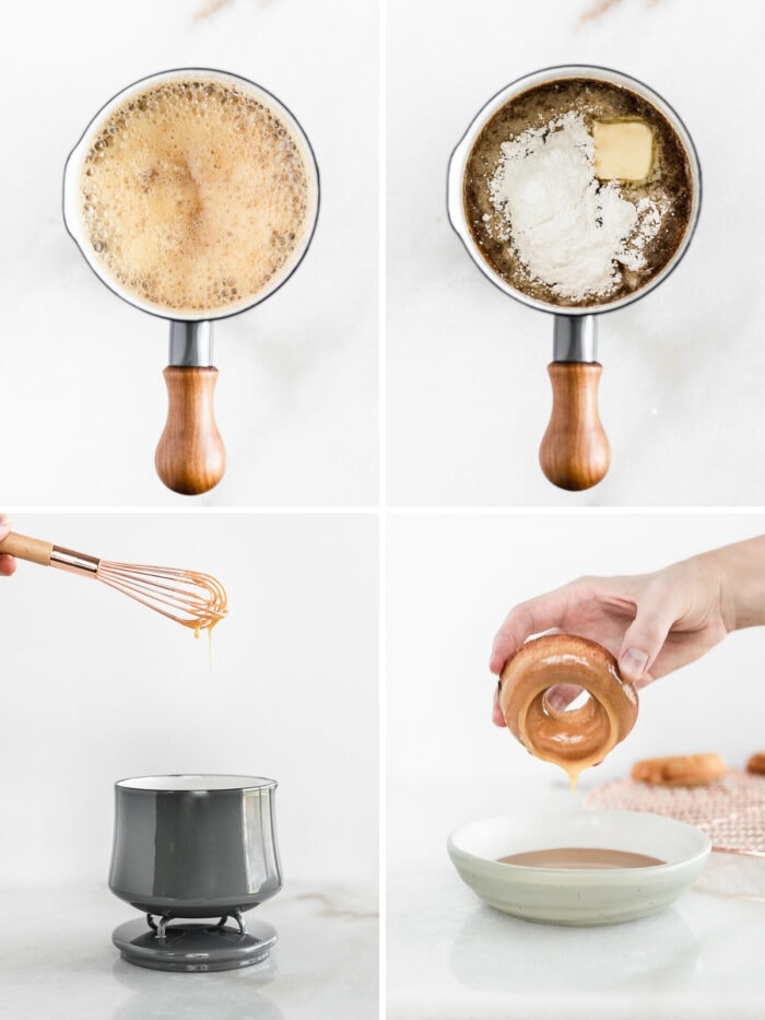 collage of four images showing steps to make brown sugar glaze for donuts.