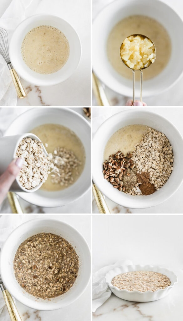6 image collage showing steps for making hummingbird oatmeal.