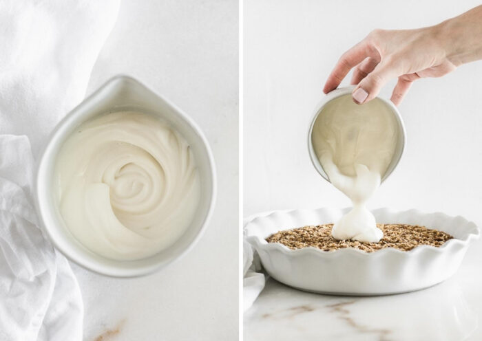two images showing greek yogurt frosting in a bowl, and a hand pouring the frosting on top of baked oatmeal.