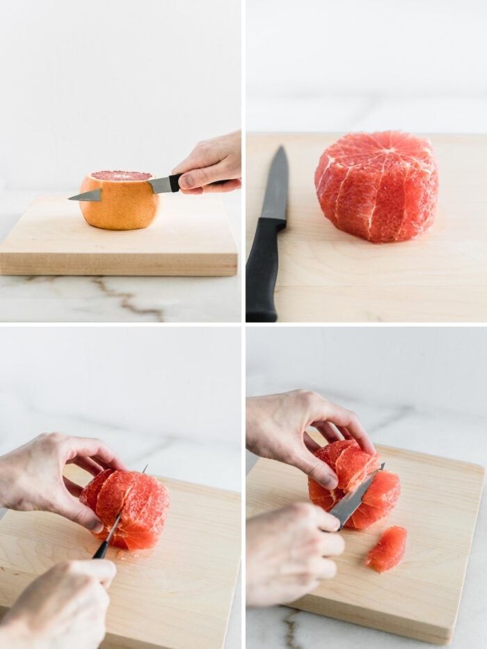 four images showing steps to segment a grapefruit.