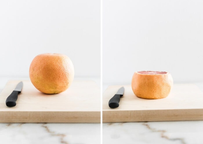 side by side images of a grapefruit on a cutting board with a knife next to it, and the grapefruit on the cutting board with the top and bottom cut off.