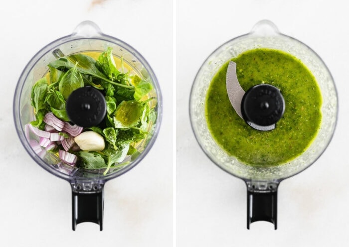 side by side images of basil vinaigrette ingredients in a food processor unblended and blended.
