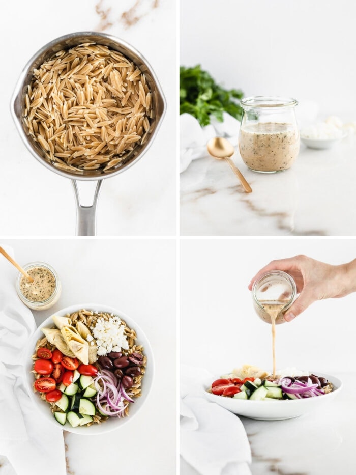 four image collage showing steps for making greek orzo pasta salad.