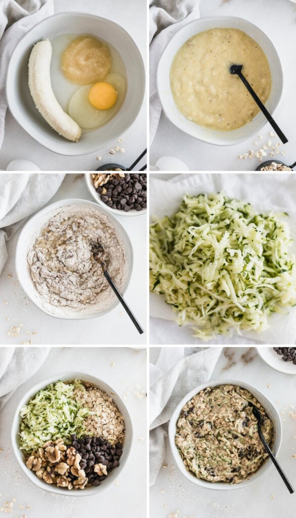 six image collage showing steps to making zucchini oatmeal breakfast cookies. 