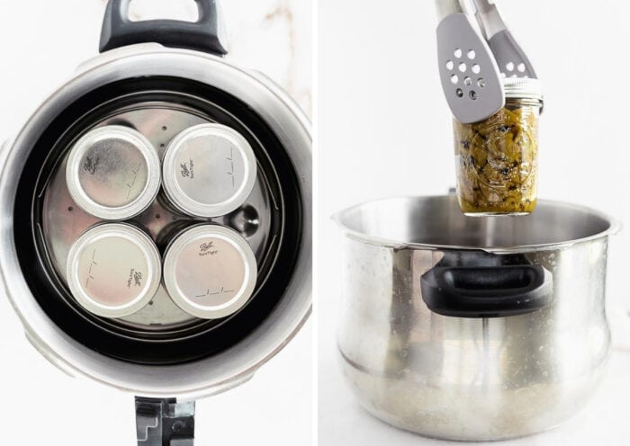 two side by side images of jars in a pressure cooker without the lid, and tongs pulling a jar of hatch chiles from a pressure cooker.