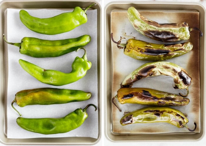 two side by side images of fresh hatch chiles on a sheet pan and roasted hatch chiles on a sheet pan.