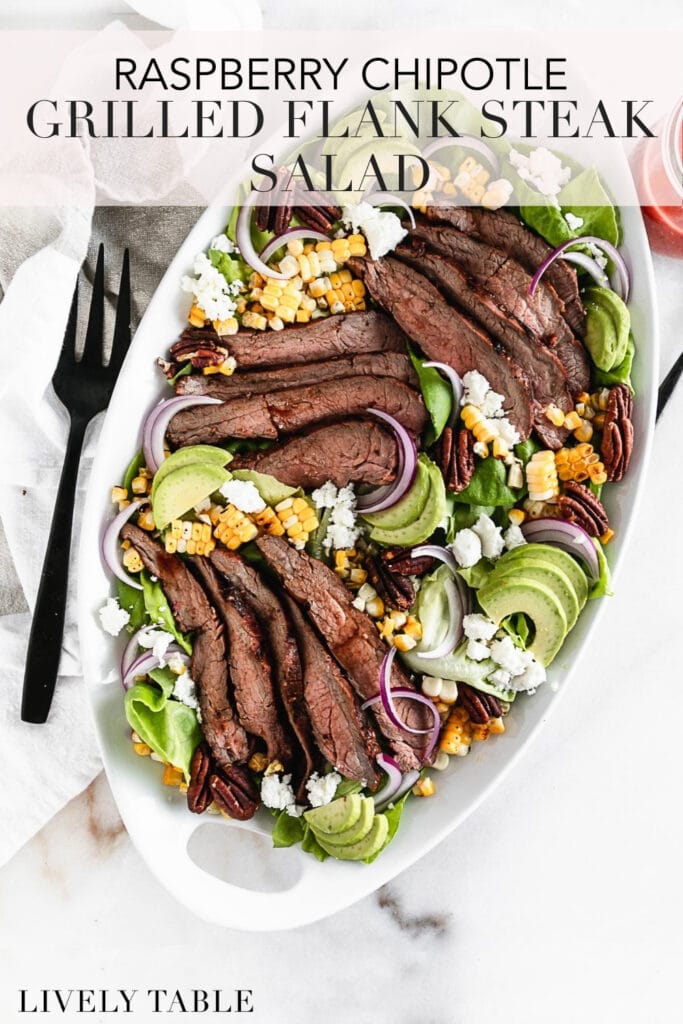 pinterest image with text for raspberry chipotle grilled flank steak salad.