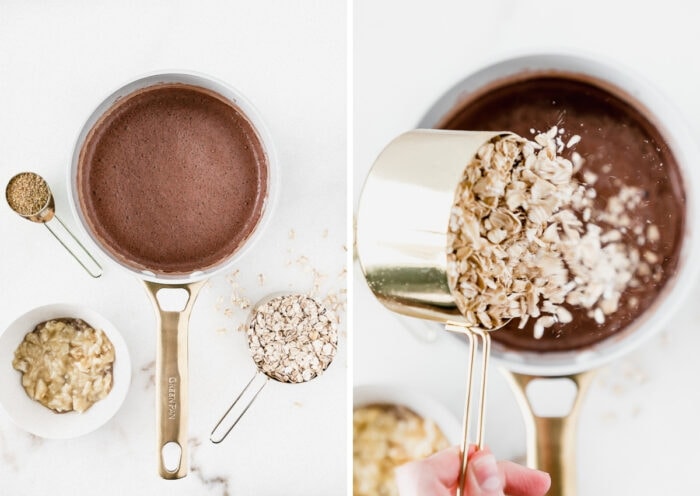 two side by side images of steps to making chocolate oatmeal in a saucepan.