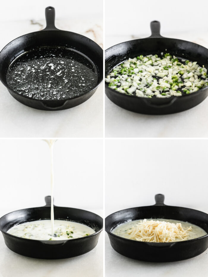 four image collage showing steps to making skillet queso blanco.
