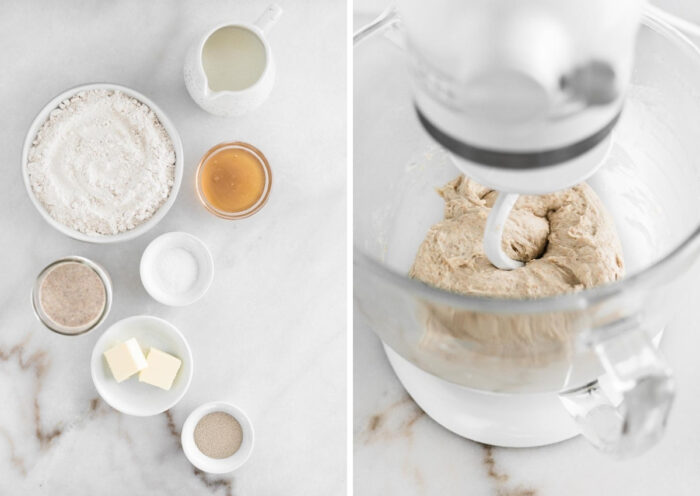 two side by side images showing ingredients for sourdough english muffins and the dough in a stand mixer.