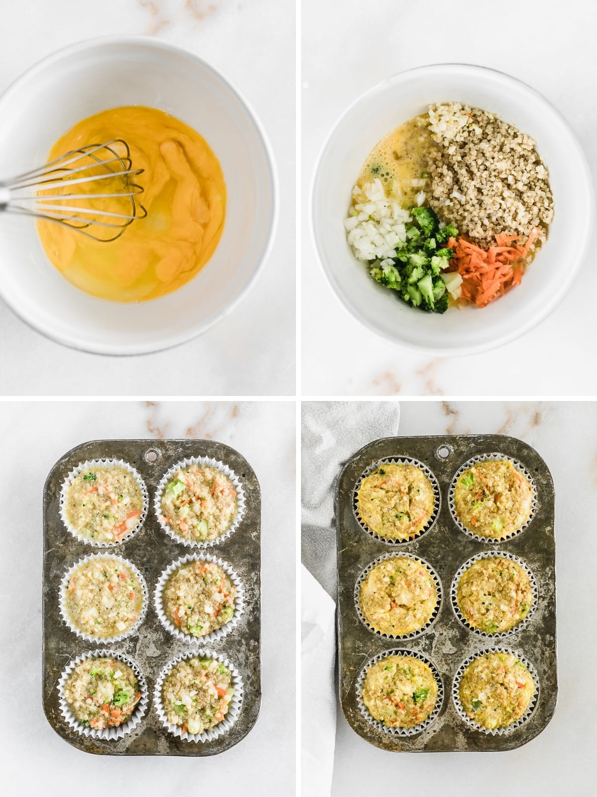 COLLAGE DE CUATRO IMÁGENES QUE MUESTRAN LOS PASOS EN LA FABRICACIÓN DE MUFFINS DE HUEVO VEGETARIANOS.