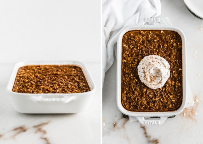 side by side images showing pumpkin baked oatmeal in a white baking dish straight on, and overhead view topped with yogurt and cinnamon.