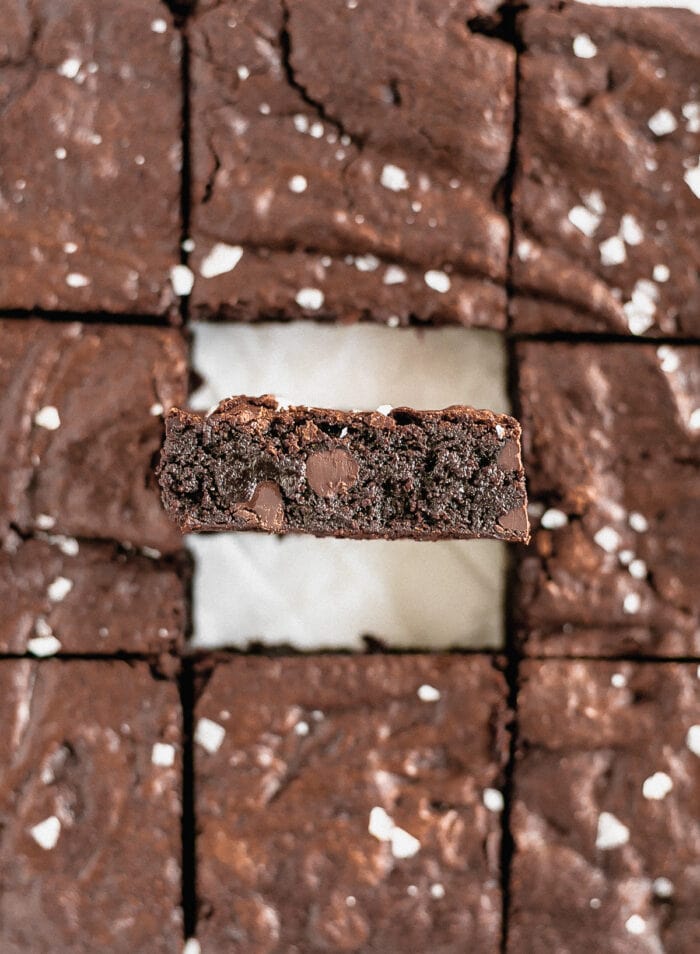 cut brownies with the center one turned upward so you can see the inside texture.
