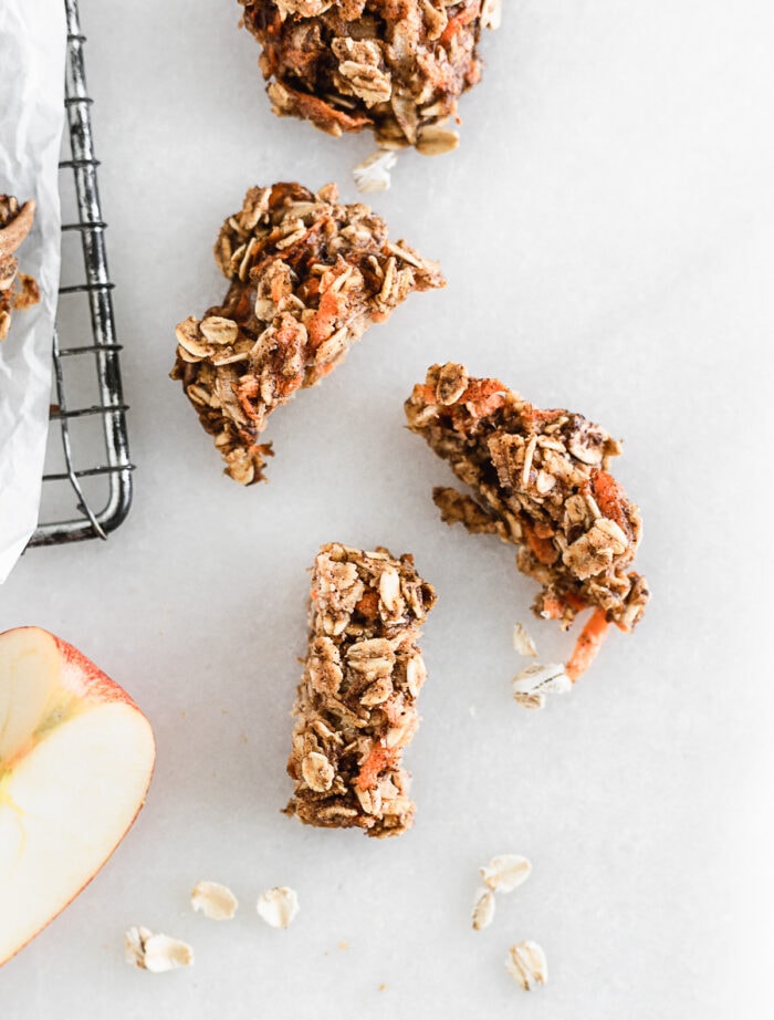 carrot apple breakfast cookie cut into strips for baby led weaning.