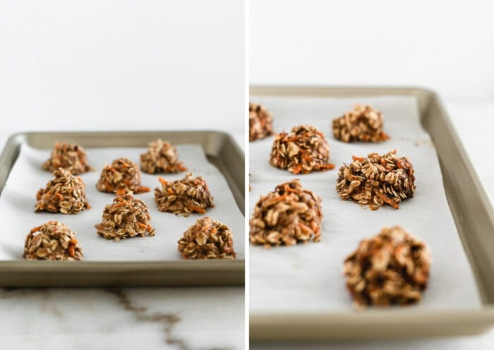 side by side images of carrot apple breakfast cookies on a baking sheet before baking and after baking.