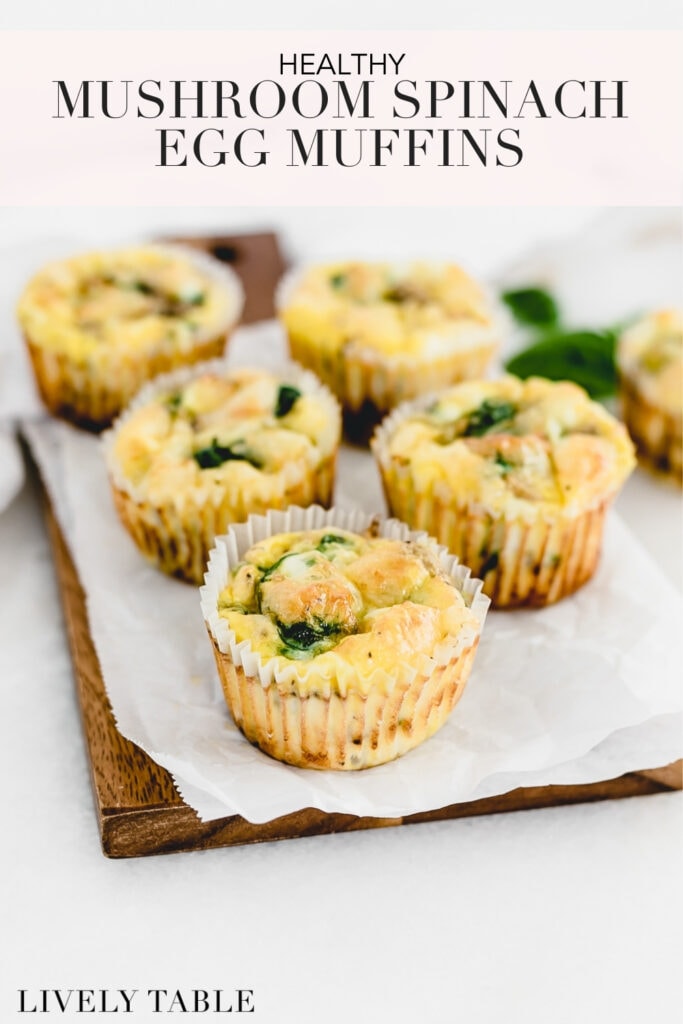 pinterest image with text for healthy mushroom spinach egg muffins.
