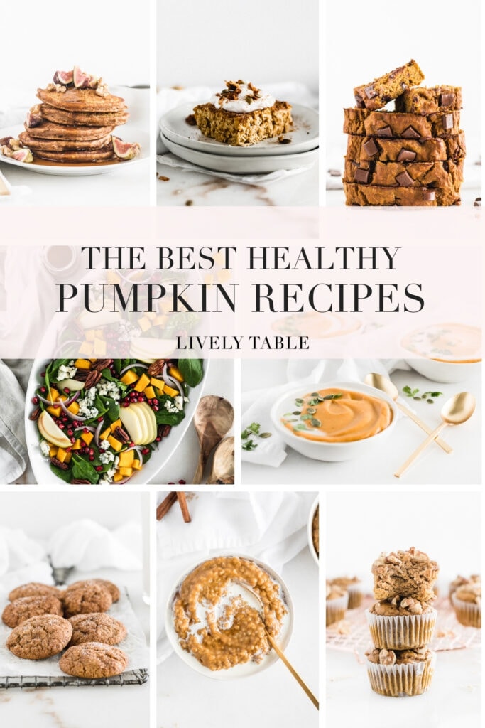 collage image with text of 8 healthy pumpkin recipes.