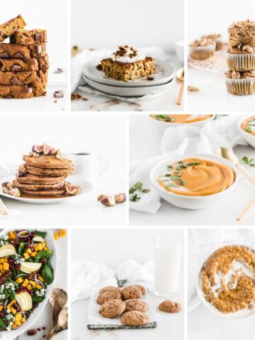 collage image of 8 healthy pumpkin recipes.