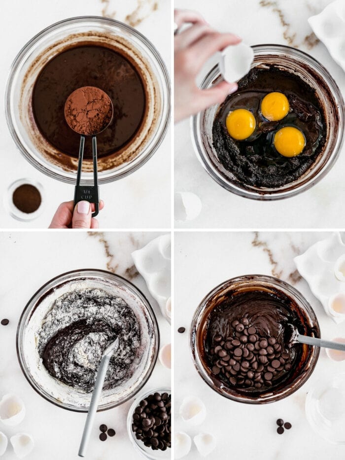 four image collage showing steps to making olive oil brownie batter.