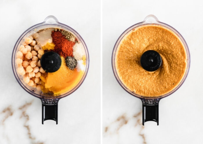side by side images showing ingredients for pumpkin hummus in a food processor, and the blended hummus.