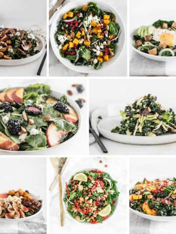 collage image with 8 kale salad recipes.