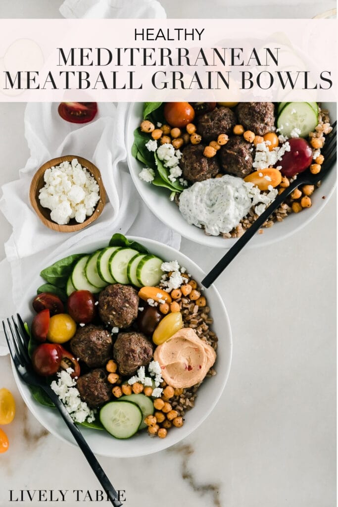 pinterest image with text for mediterranean meatball bowls.